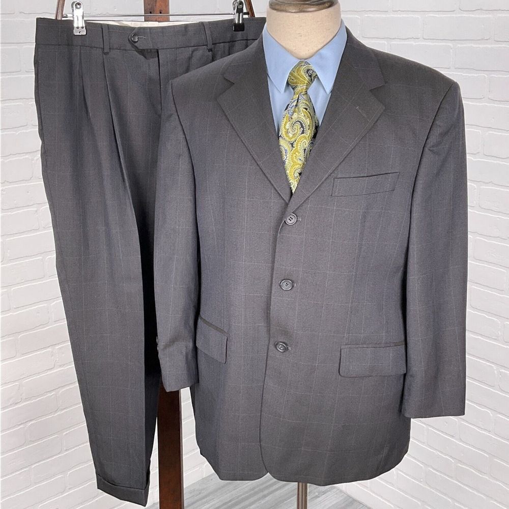 Lord West Suit Men 40S 34Wx25L Gray White Check Classic Career Cuffs‎ Wool 2pc